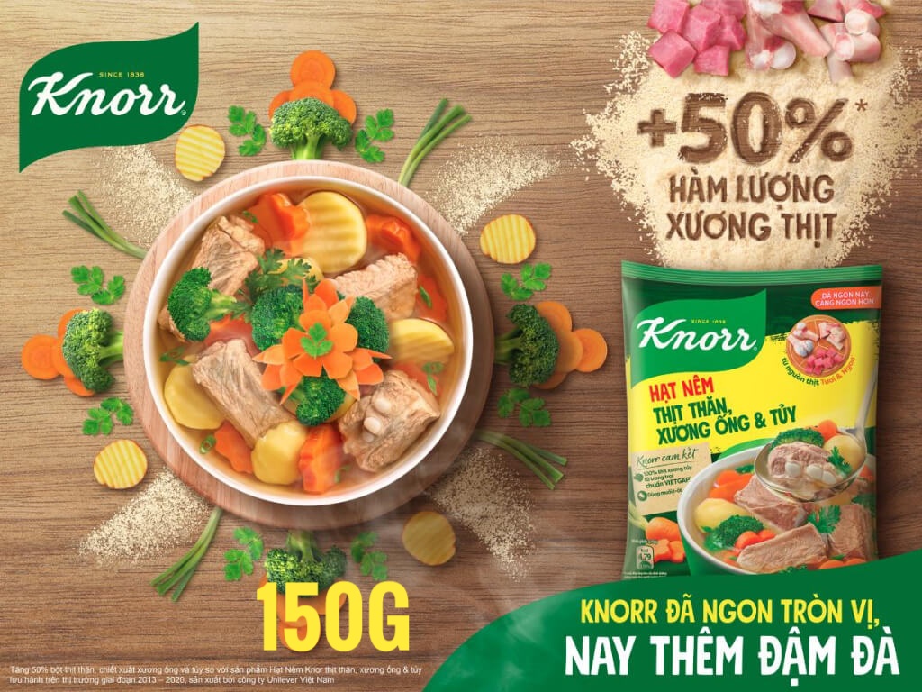 Hạt Nêm Thịt thăn, Xương ống, Tủy KNORR gói 150g Thùng 32 gói